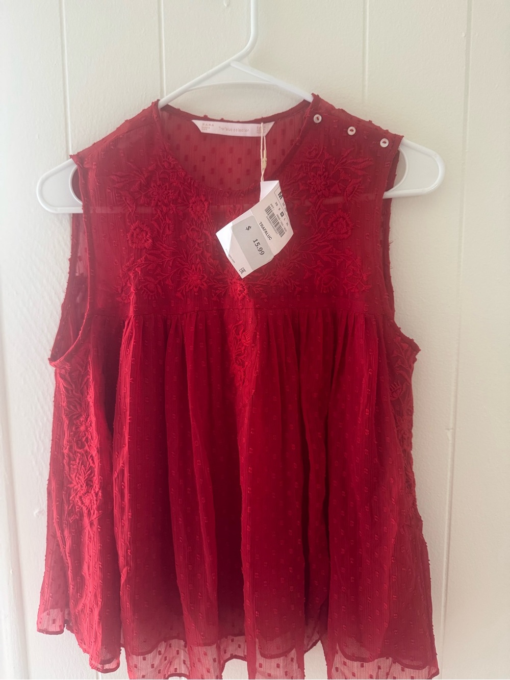 Zara Red Embroidered Sleeveless Blouse